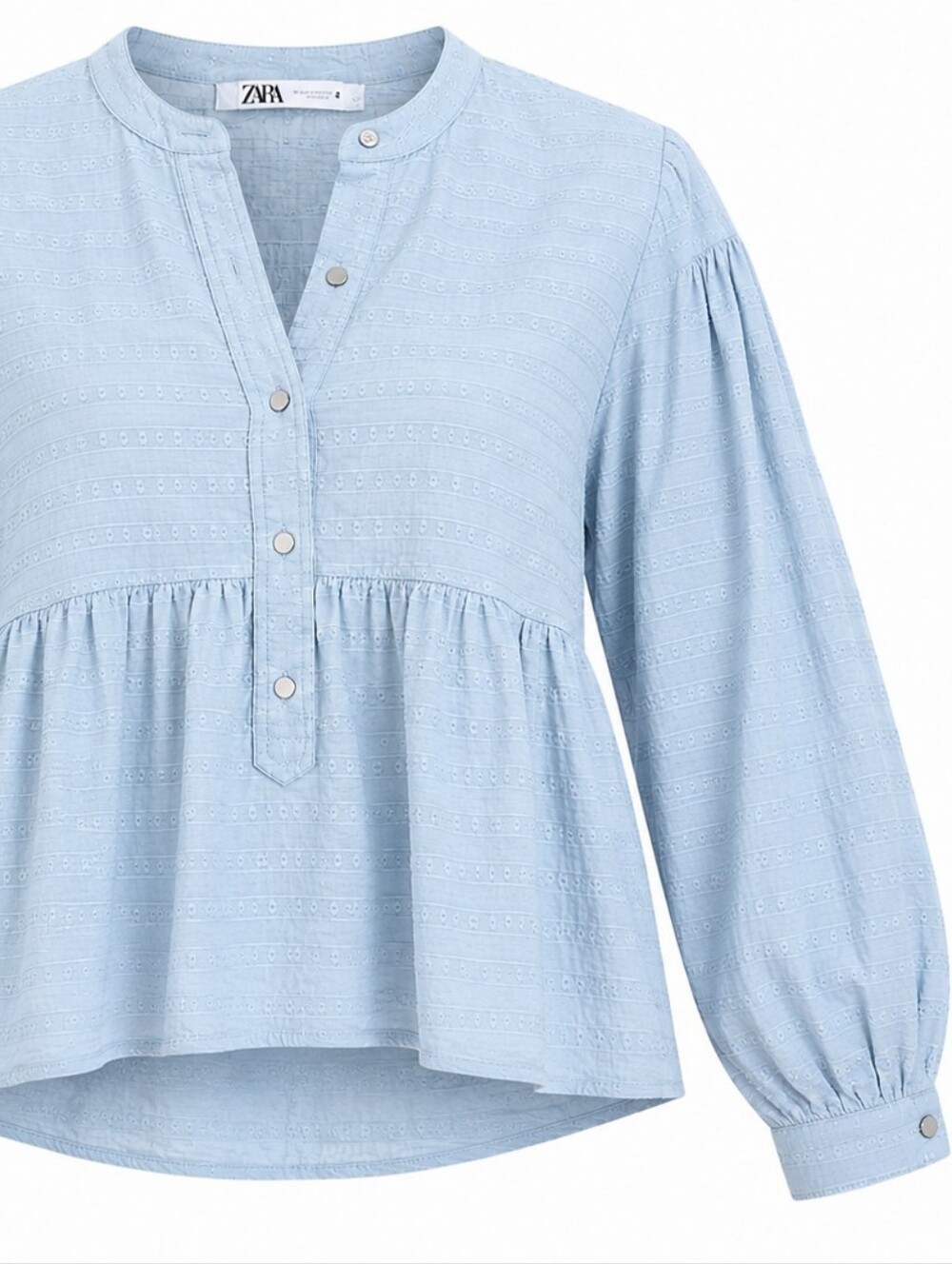 ZARA | Light Blue Swiss Dot Peplum High Low Balloon Sleeve Boho Blouse | M